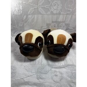The Dog Artist Collection Pug Plush Slippers Tan Brown Large 8-9 House Shoes